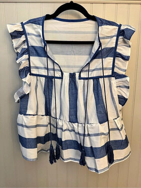 Striped Ruffle Sleeve Blouse in Blue & White Like New
